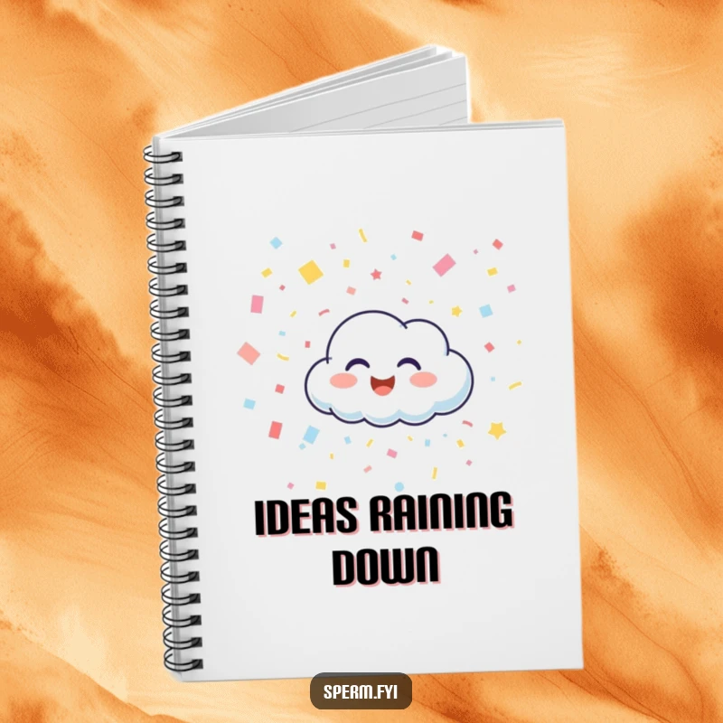 Funny notebook with a happy cloud character giggling and raining confetti, ideal for note-taking and spreading cheerful vibes.