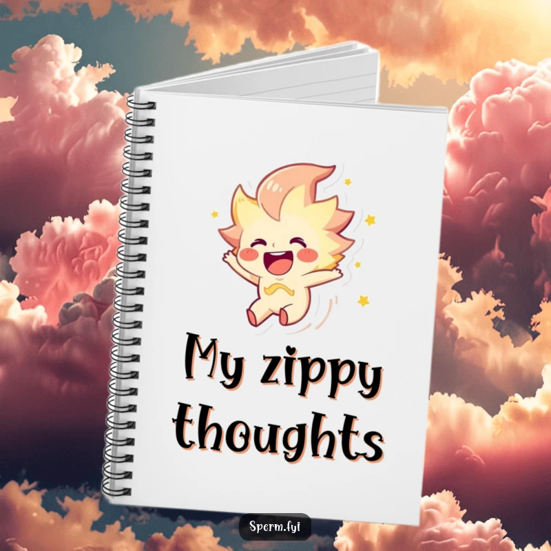 Funny notebook showcasing a joyous spark character zipping through the air, ideal for energetic notes.