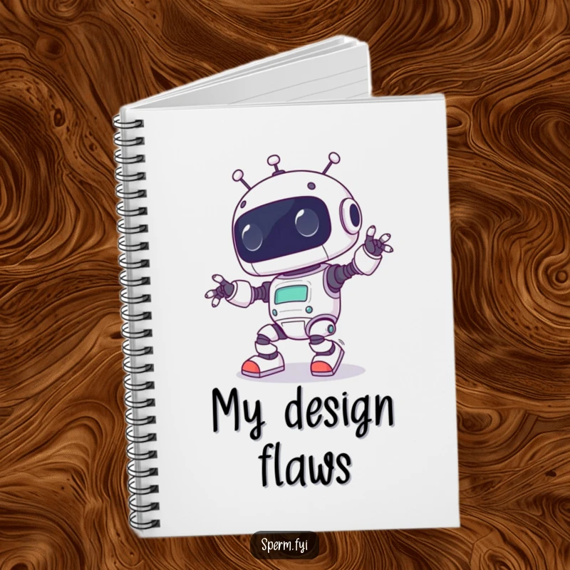 Funny Kawaii robot comically tripping over its own feet, featured on a notebook for jotting down hilarious tech ideas or daily plans.