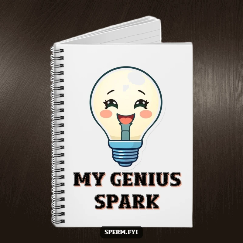 Funny notebook featuring a delighted lightbulb character glowing brightly, perfect for jotting down innovative ideas.