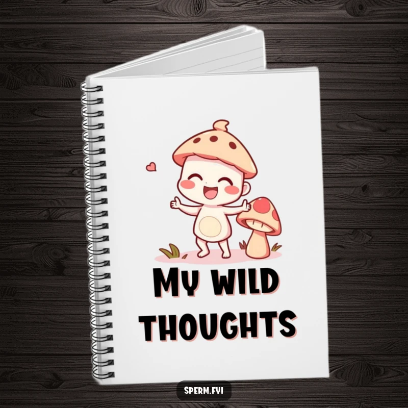 Funny giggling character doing a silly dance with a talking mushroom, on a fun notebook cover.