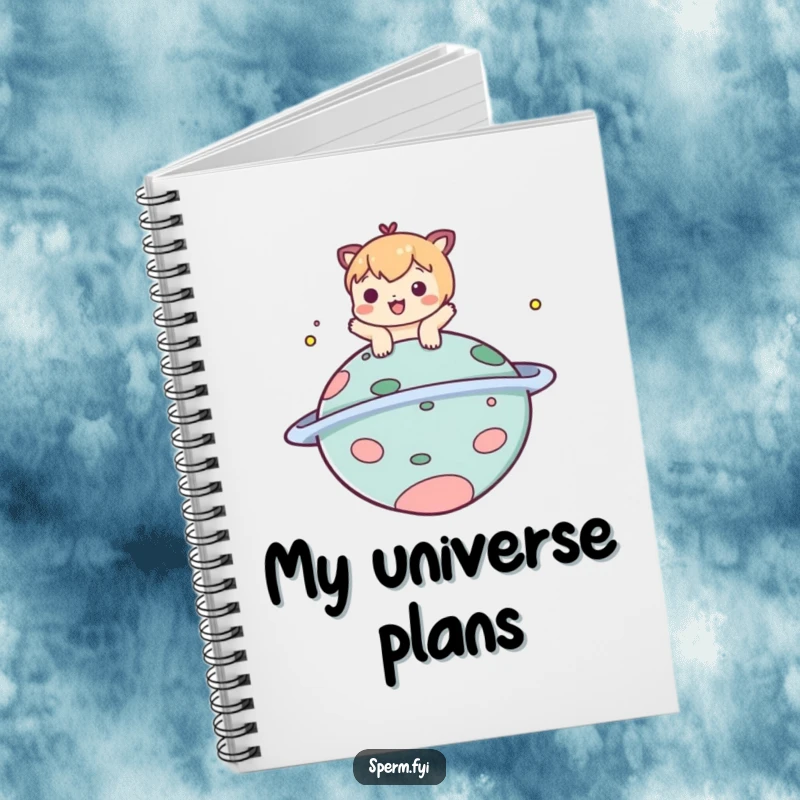 Funny notebook with a playful character bopping a comical planet, perfect for jotting down humorous space ideas.