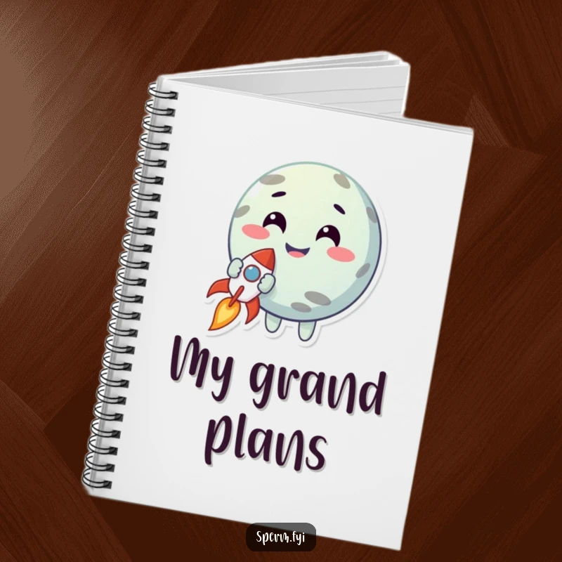 Funny notebook cover with a smiling planet character holding a tiny rocket, ideal for jotting down ideas and future plans.