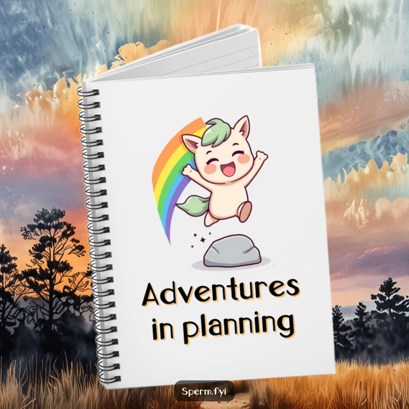 Funny rainbow leap notebook, a character jumping over an obstacle with a rainbow trail, great for journaling.