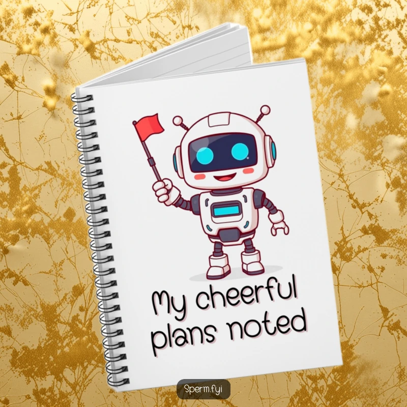 Funny robot notebook, smiling, cheerfully waving a tiny flag, ideal for jotting down happy notes.