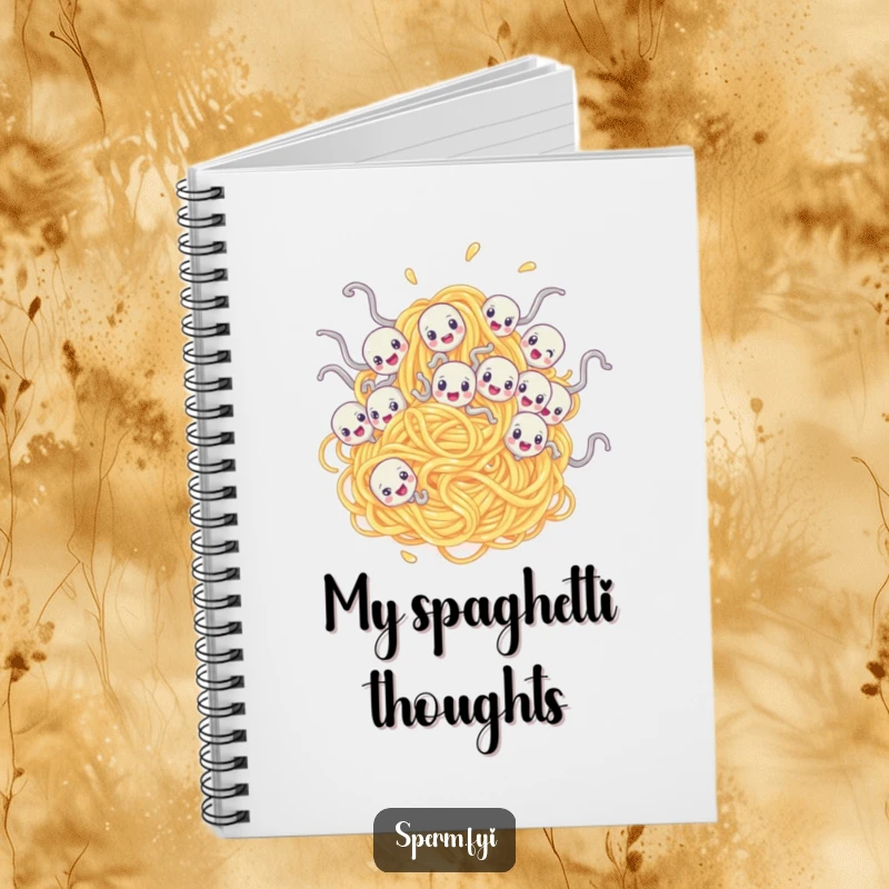 Funny notebook with sperm characters tangled in a spaghetti noodle, perfect for jotting down ideas with humor.