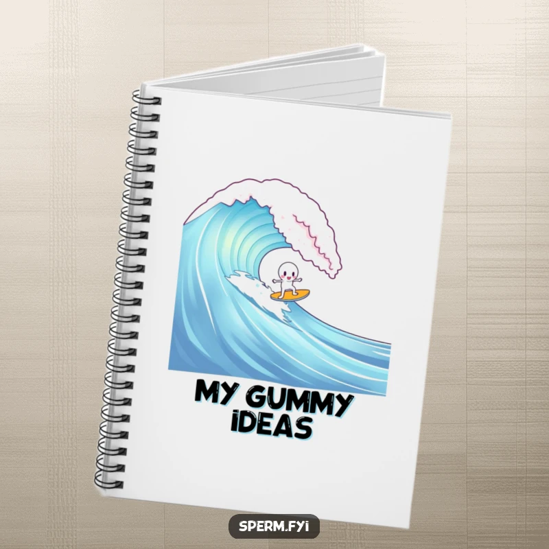 Funny notebook with a sperm character surfing a gummy bear wave, perfect for jotting down creative ideas.