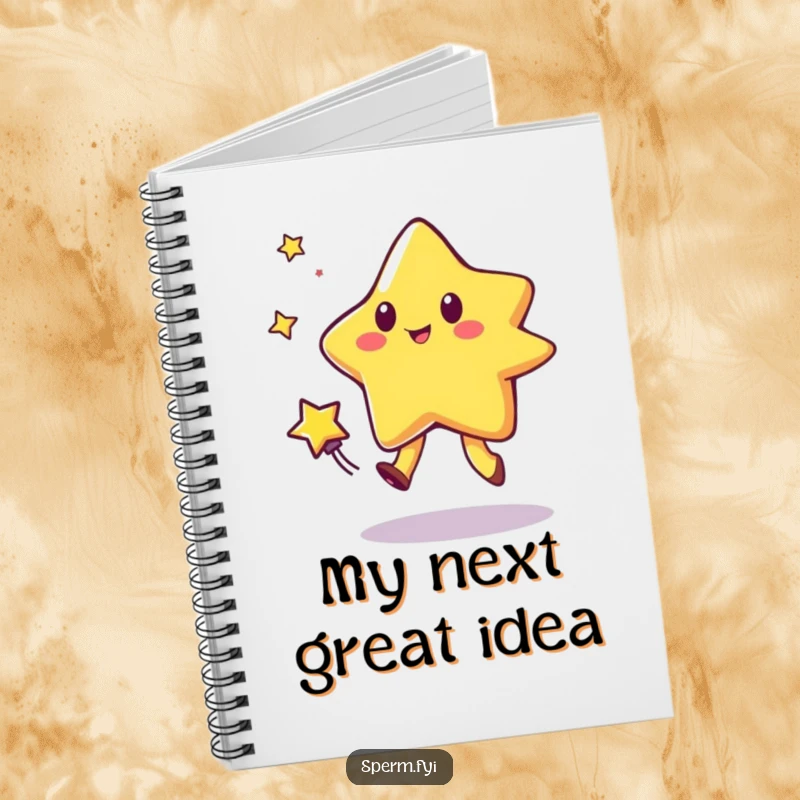 Funny notebook cover with a star character in a playful chase with a comet, inspiring humor and creativity in writing.
