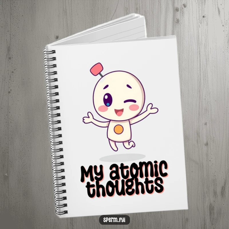 Funny notebook showcasing a winking atom character in a dance, ideal for capturing energetic thoughts.