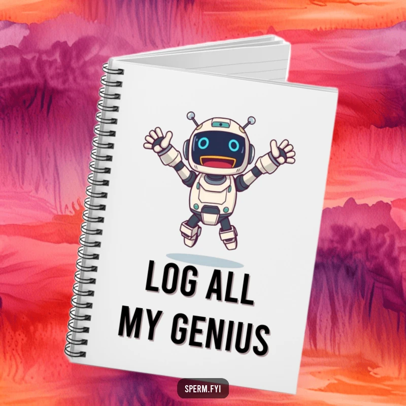 Funny robot notebook of an excited character jumping, arms outstretched, ready to capture brilliant ideas.
