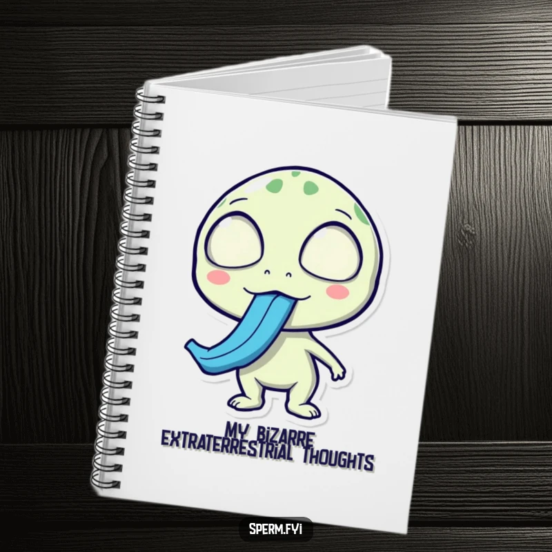 Funny alien notebook, surprised face, sticking out a long blue tongue, ideal for jotting down odd notes.