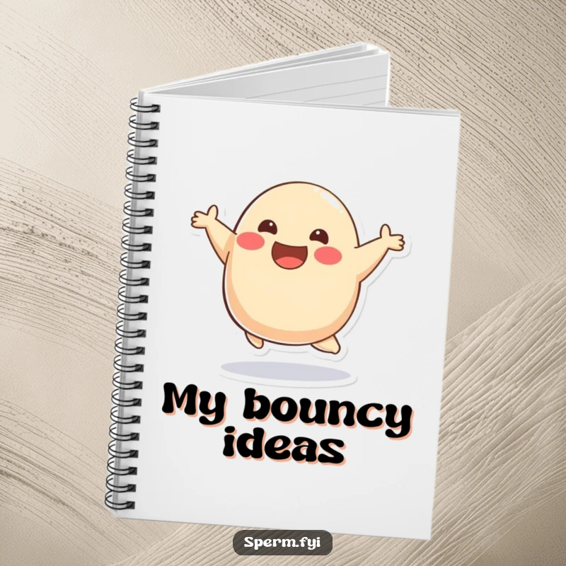 Funny smiling blob character doing a joyful bounce on a notebook cover, for recording happy thoughts.