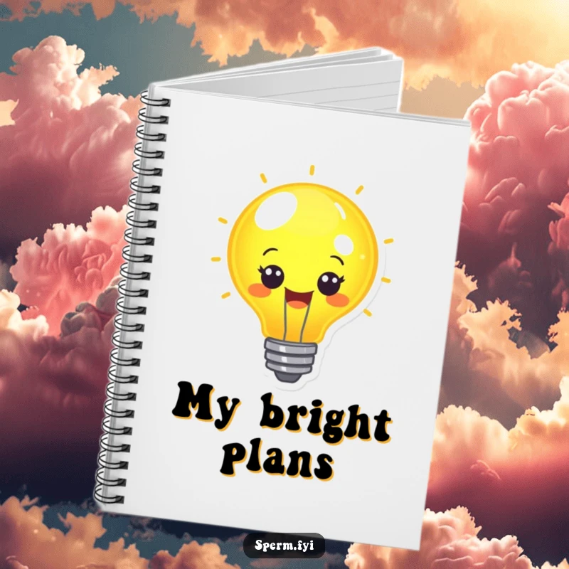 Funny cheerful lightbulb character glowing brightly on the cover of a notebook.