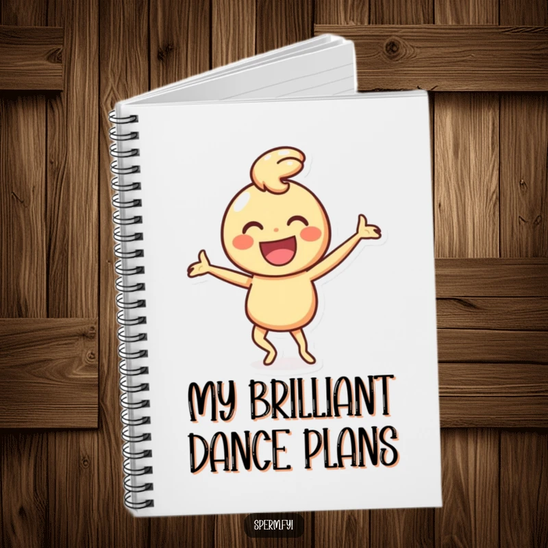 Funny notebook with a happy smiley face character performing a silly dance, ideal for humorous note-taking.