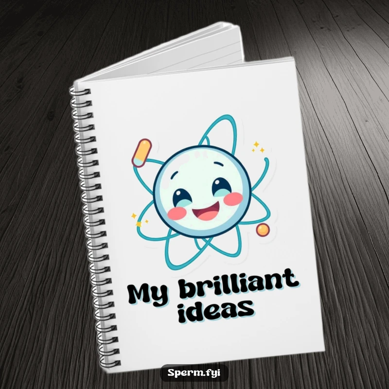 Funny notebook with a smiling atom character spinning energetically, ideal for note-taking and expressing scientific curiosity humorously.