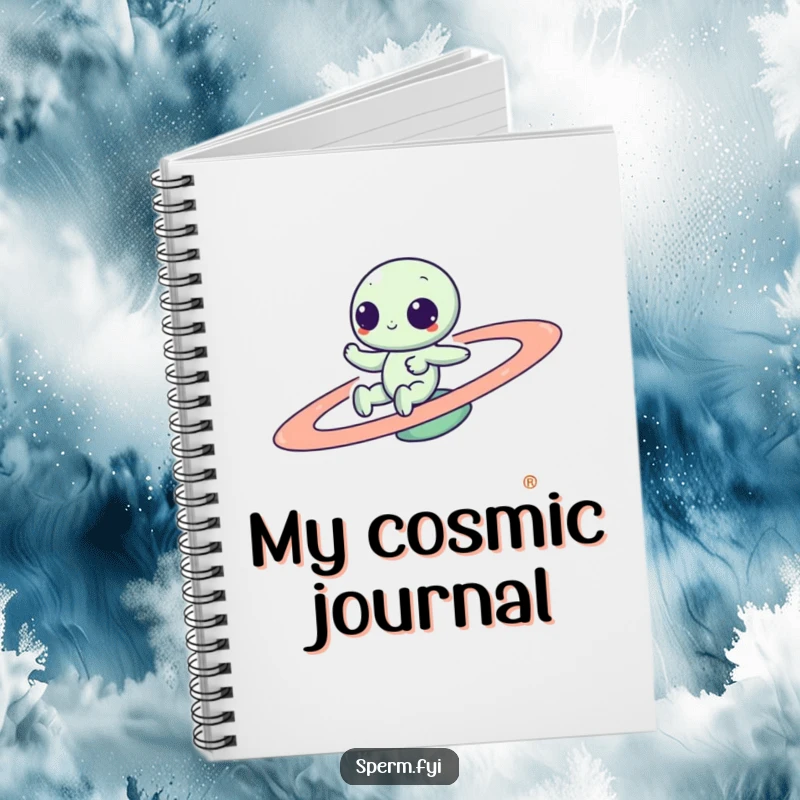 Funny Kawaii alien zipping with excitement around a spinning planet, featured on a notebook for capturing funny thoughts and cosmic plans.