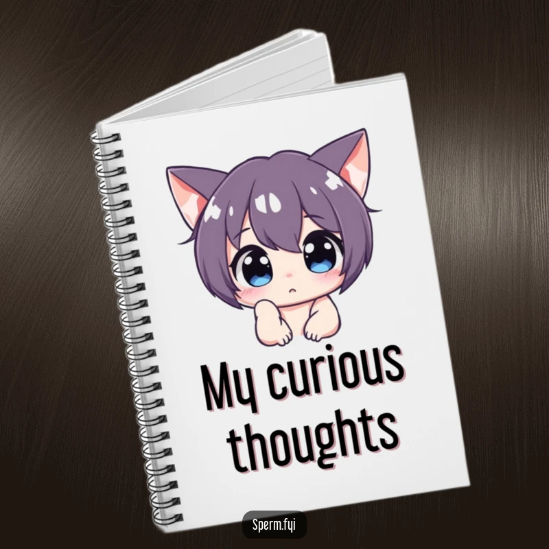 Funny curious character peering intently off-screen on a notebook cover, for recording intriguing thoughts.