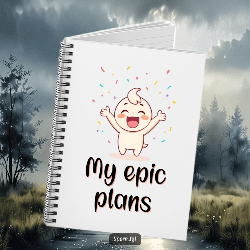 Funny notebook with a cover illustration of a happy character erupting in cheers amidst a shower of confetti.