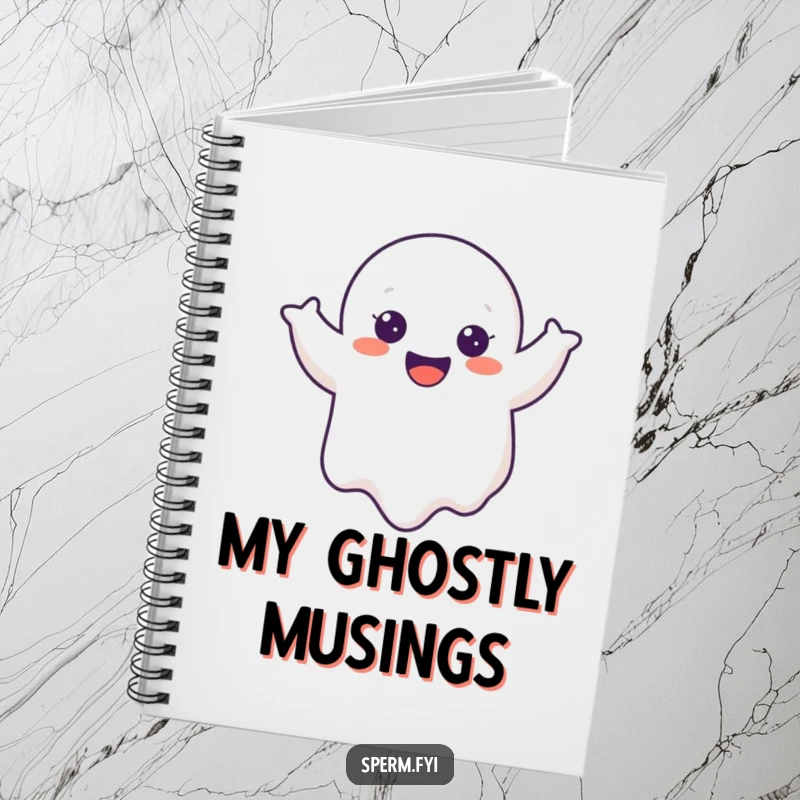 Funny Ghost Notebook featuring a cheerful cartoon ghost doing a joyful wobble, ideal for jotting down notes with humor.