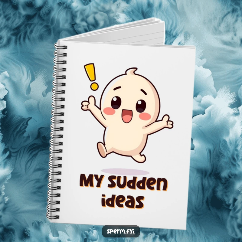Funny kawaii exclamation point character jumping with surprise on the cover of a notebook.
