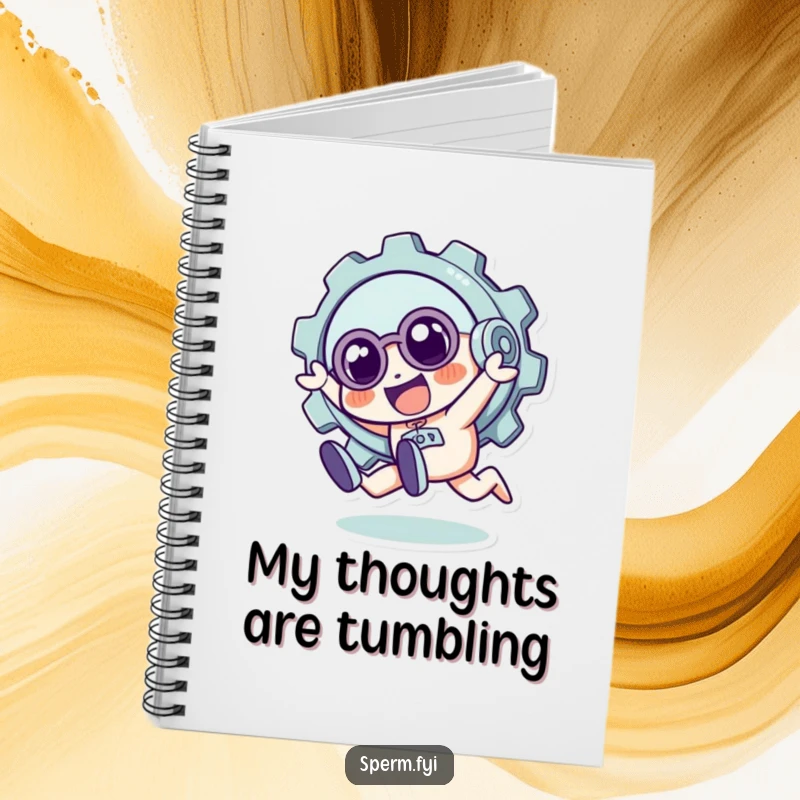 Funny notebook with a quirky gear character in a playful tumble, suitable for jotting down ideas with a touch of mechanical humor.