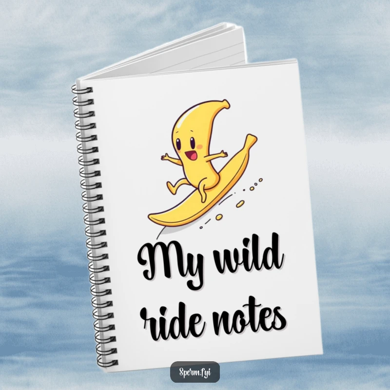 Funny notebook with a sperm character riding a banana peel downhill, perfect for jotting down exciting ideas.