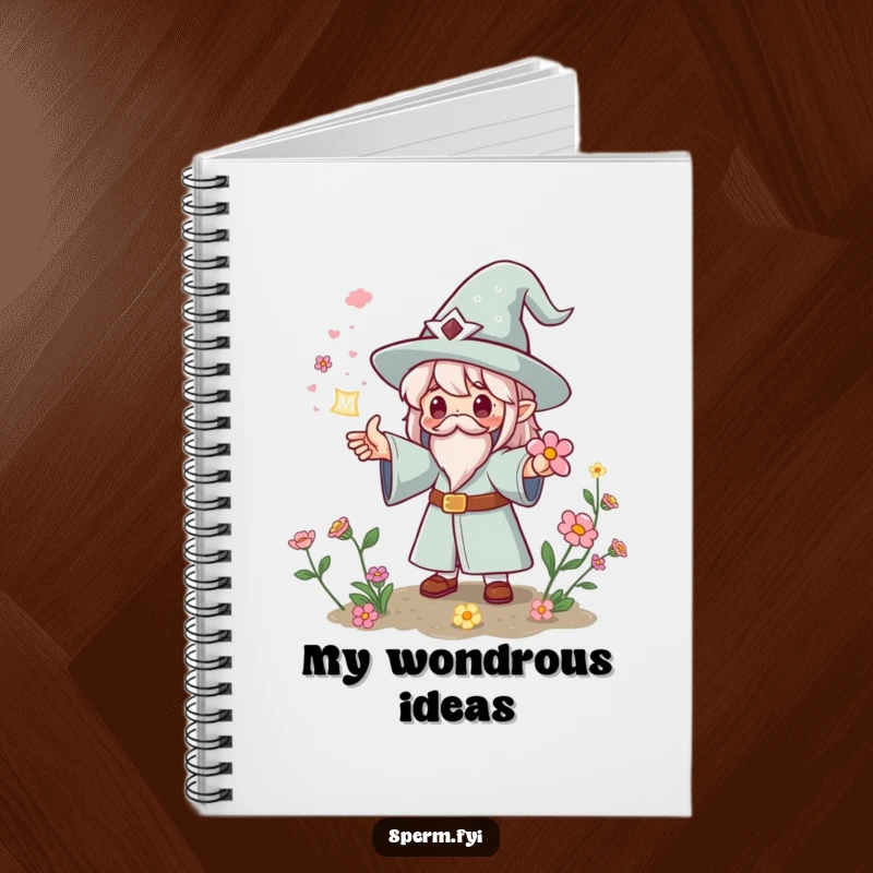 Funny Kawaii wizard notebook casting a spell for instant flowers, for notes and as a funny gift.