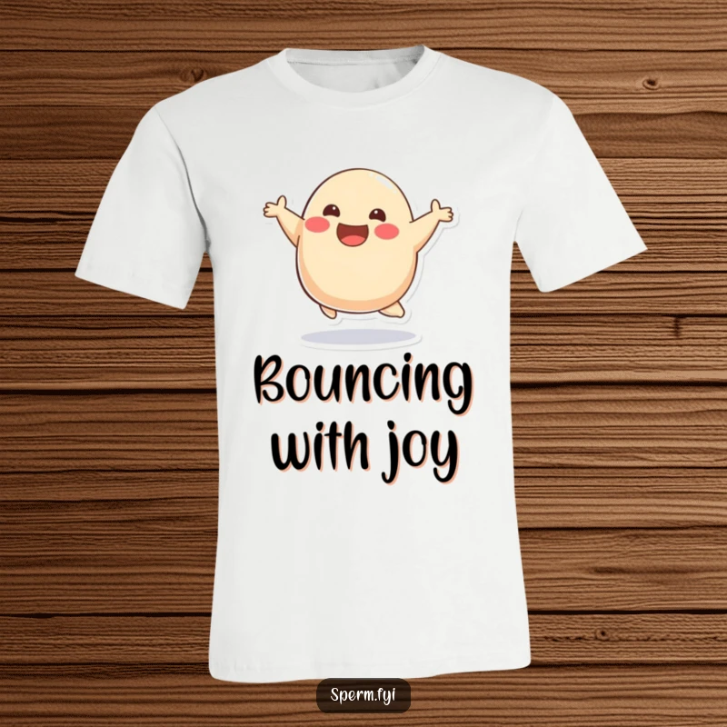 Funny smiling blob character mid-bounce on a t-shirt, embodying pure joy and playful energy.
