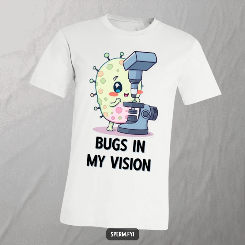 Funny t-shirt design of a curious bacteria character examining something through a microscope, great for scientists.