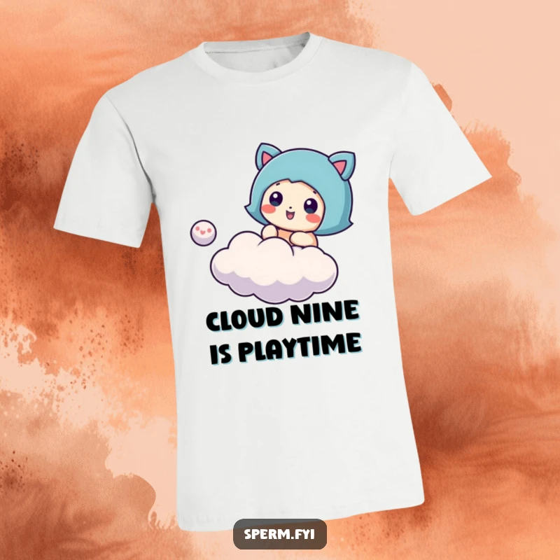 Funny cloud bouncing t-shirt, a character playfully bouncing a small cloud, great for expressing joy and lightness.
