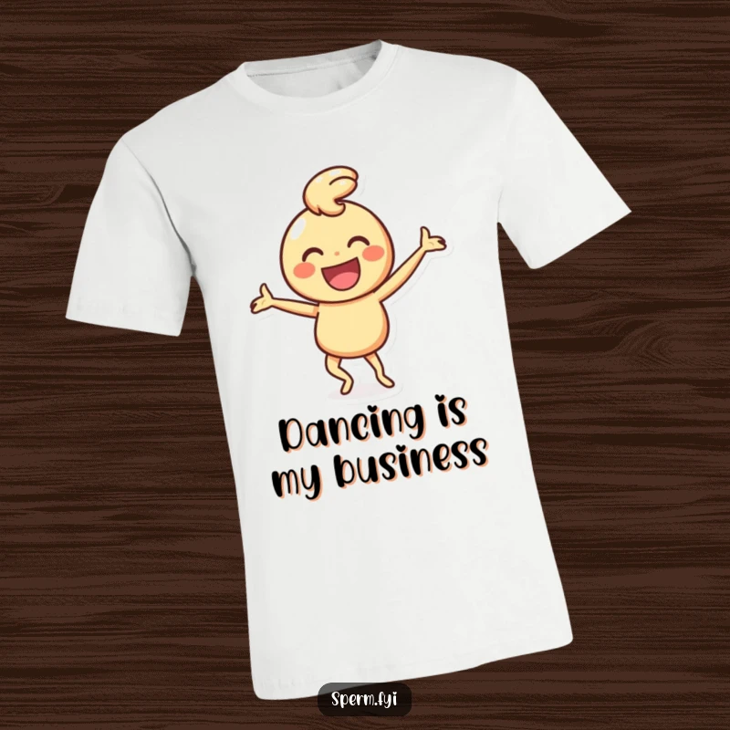 Funny t-shirt graphic of a happy smiley face character in the middle of a silly, energetic dance.