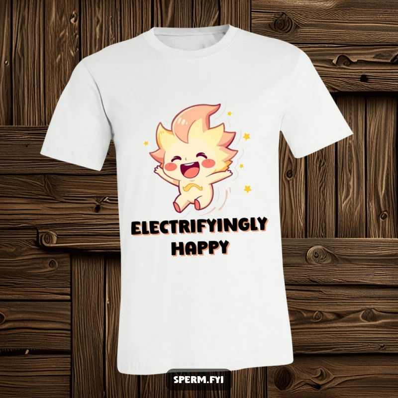 Funny t-shirt design of a joyous spark character zipping through the air, perfect for energetic people.