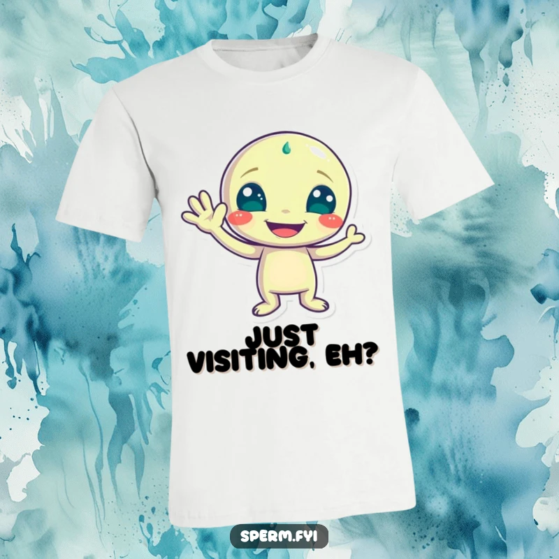 Funny t-shirt with a playful alien character waving hello with a massive grin, radiating friendly extraterrestrial vibes.