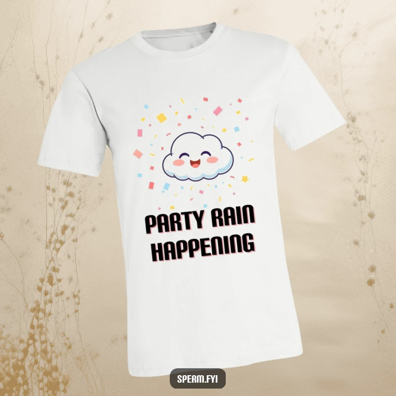 Funny t-shirt featuring a happy cloud character giggling while raining confetti, embodying pure joy and celebration.
