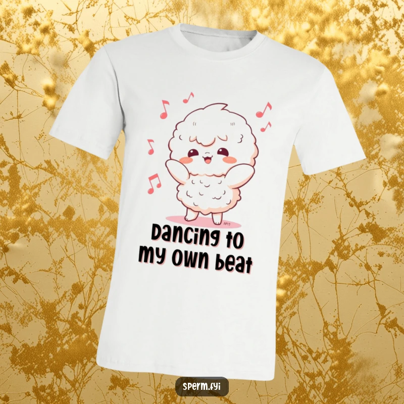 Funny Kawaii character T-shirt captured mid-silly dance, with whimsical musical notes floating around, showcasing pure elation.