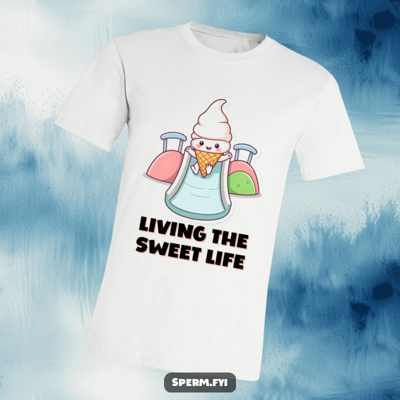 Funny Kawaii ice cream cone character T-shirt gleefully sliding down a brightly colored slide, capturing pure, sweet delight.