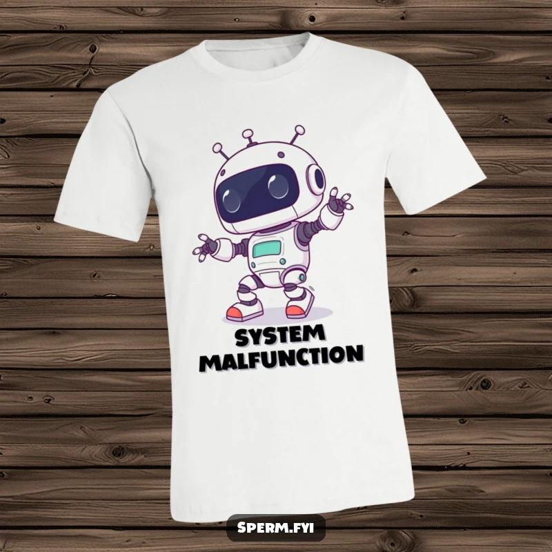 Funny Kawaii robot hilariously tripping over its own feet, designed for maximum comical effect on this wearable art.