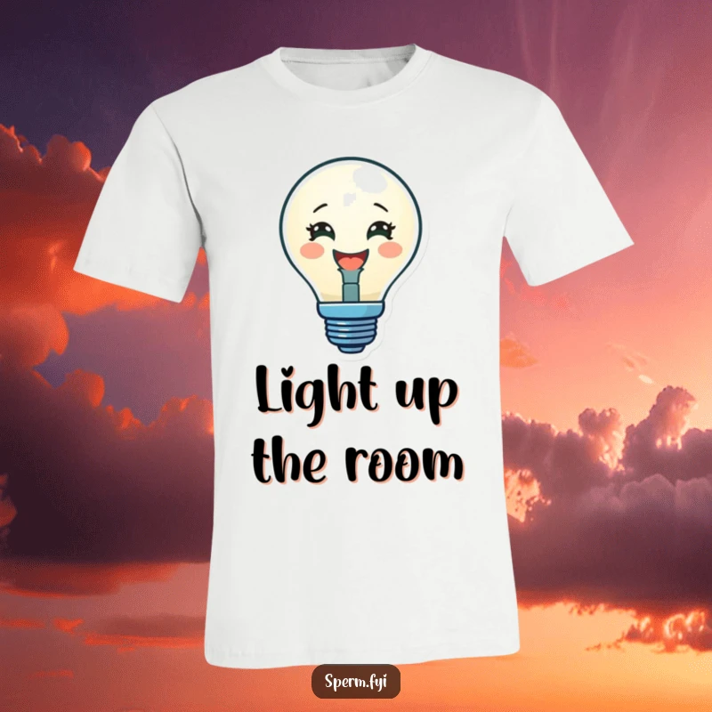 Funny t-shirt with a delighted lightbulb character glowing brightly, representing creativity, intelligence, and a good idea.