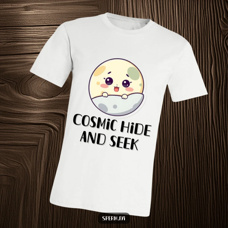 Funny t-shirt with a surprised little moon character peeking from behind a planet, conveying cosmic shock and wonder.