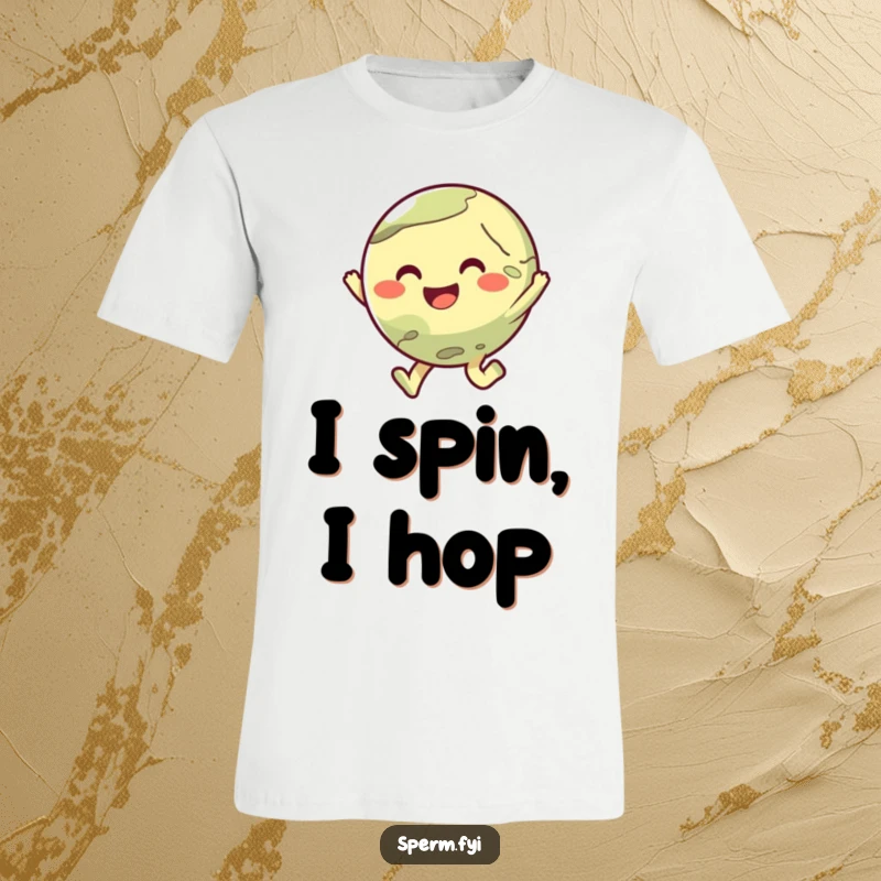 Funny t-shirt showcasing a cute planet character performing a joyful little hop with a happy expression.