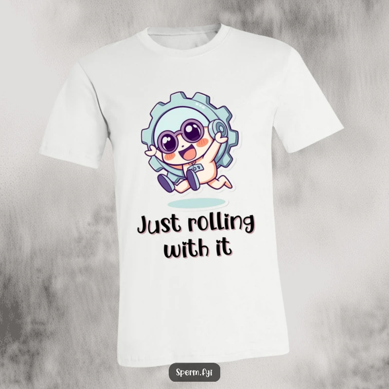 Funny t-shirt showcasing a quirky gear character in a dynamic, playful tumble, expressing joyful movement and mechanical charm.