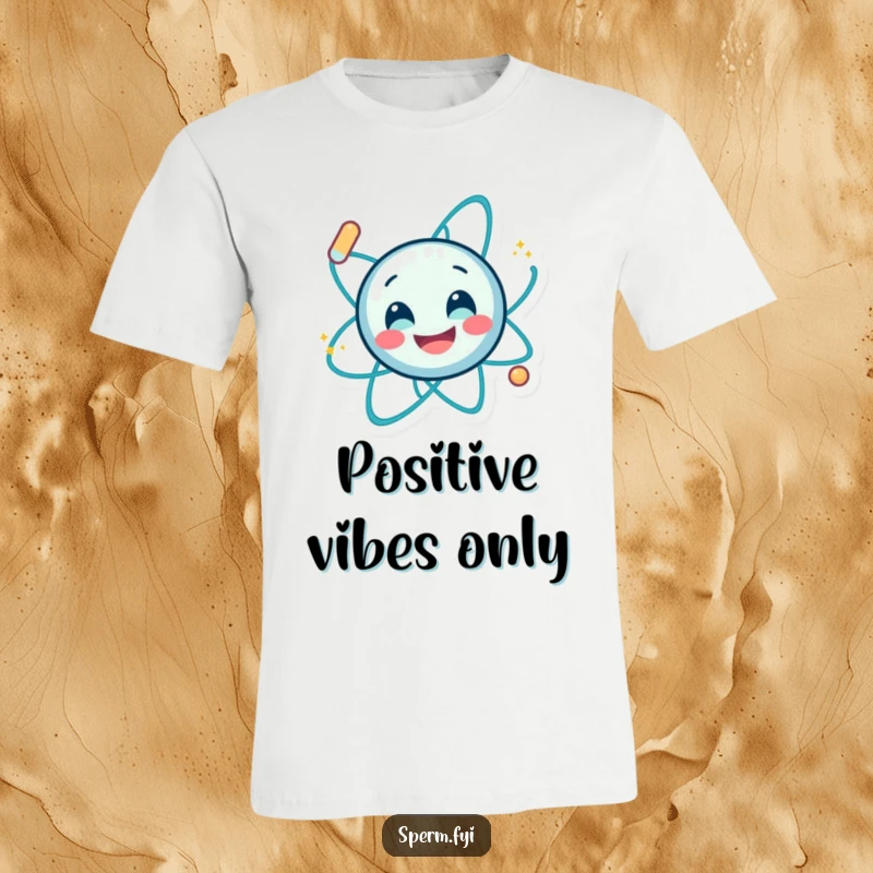 Funny t-shirt depicting a smiling atom character in a dynamic spin, representing playful energy and scientific curiosity.