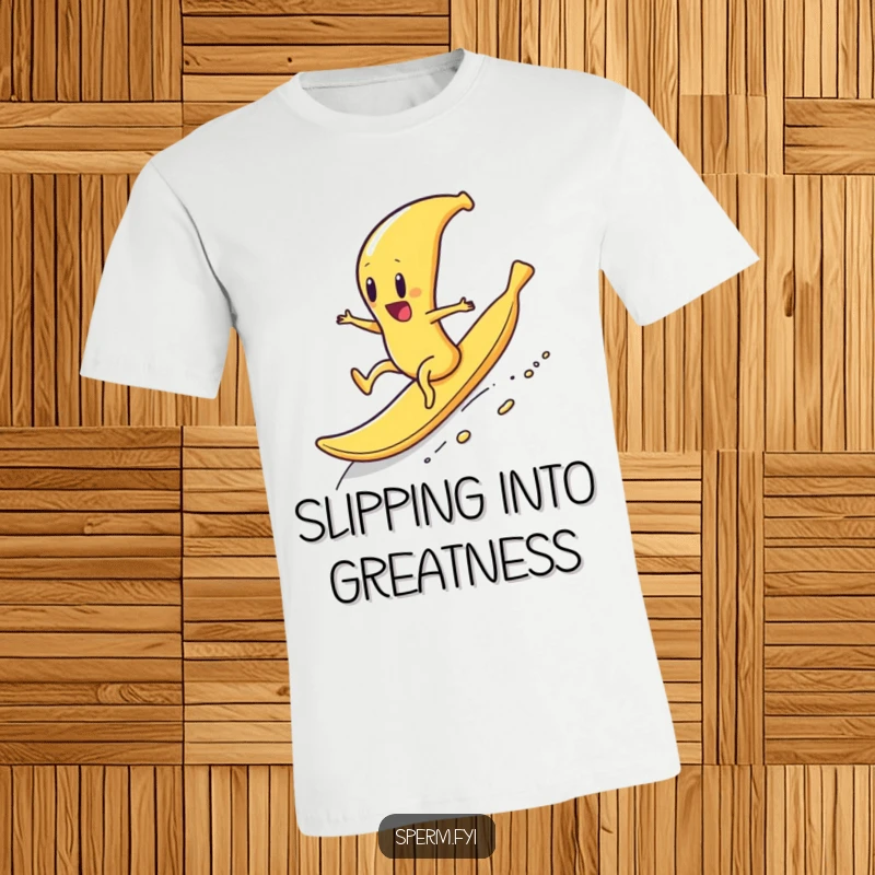 Funny t-shirt depicting a sperm character enthusiastically sliding downhill on a banana peel, celebrating wild, uncontrolled fun.