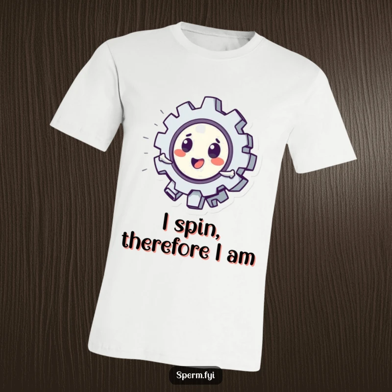 Funny t-shirt with a playful gear character in a dynamic, rapid spin, perfect for mechanics and enthusiasts.