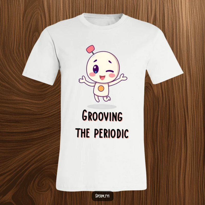 Funny t-shirt featuring a winking atom character dancing energetically, ideal for science fans.