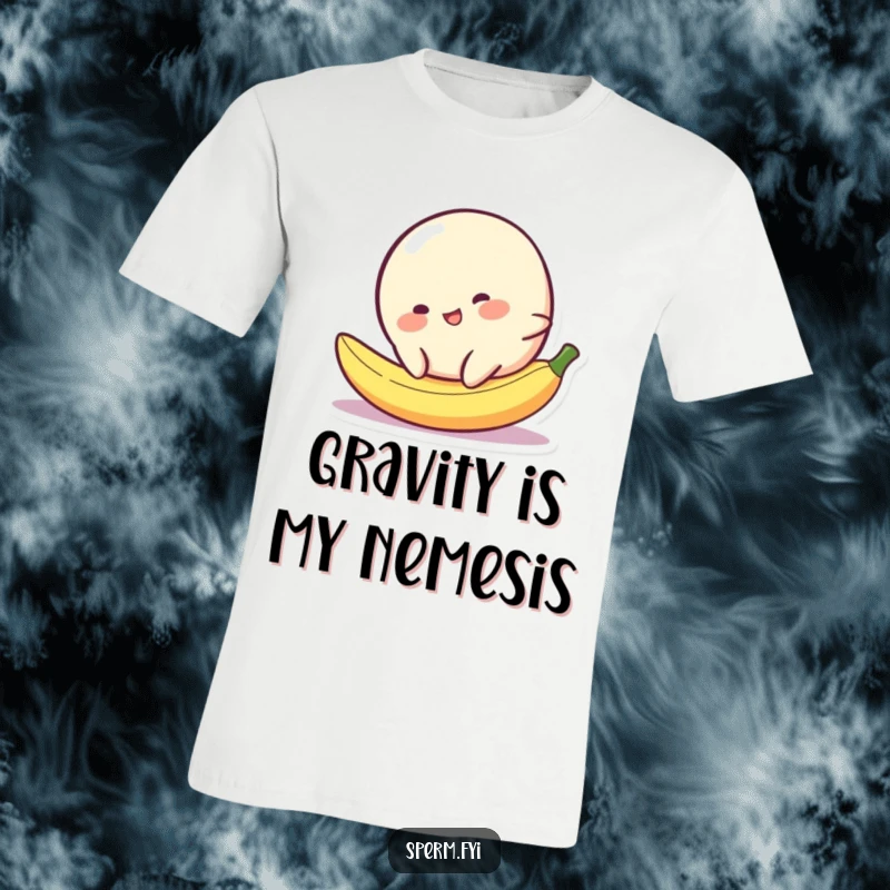 Funny cheerful blob character comically slipping on a tiny banana peel, captured in a hilarious tee.