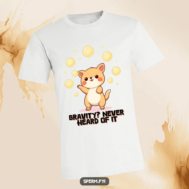 Funny Kawaii animal T-shirt artistically juggling multiple glowing orbs, radiating pure, unadulterated fun and whimsical energy.