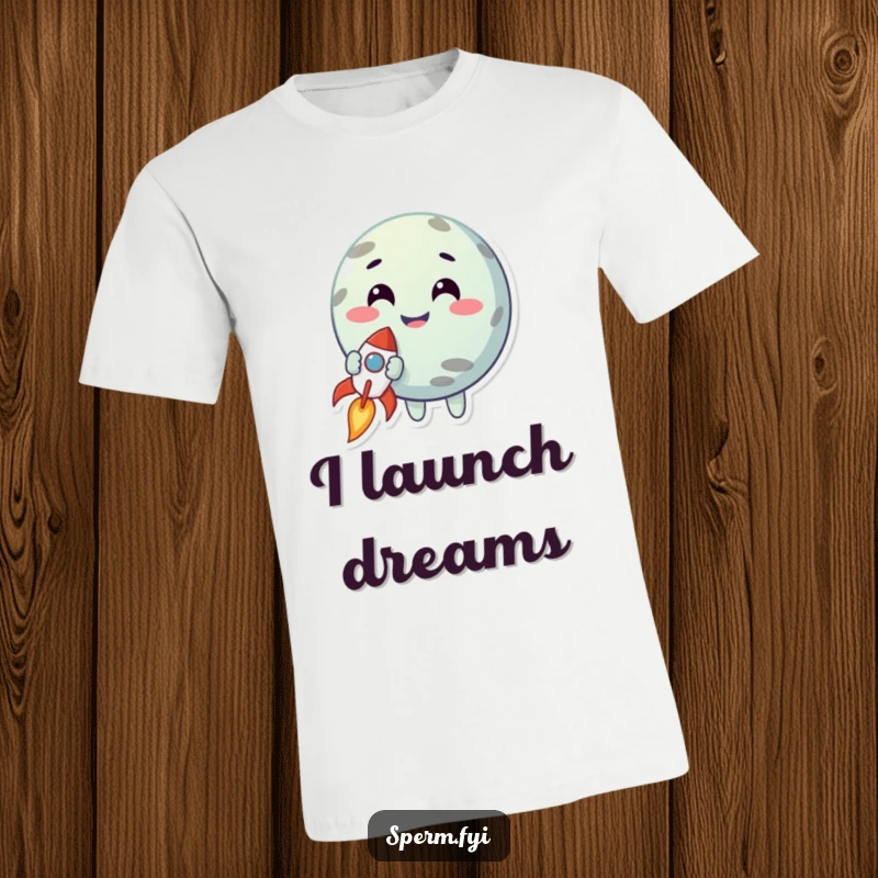 Funny t-shirt depicting a smiling planet character gently holding a tiny rocket, representing dreams of space travel.