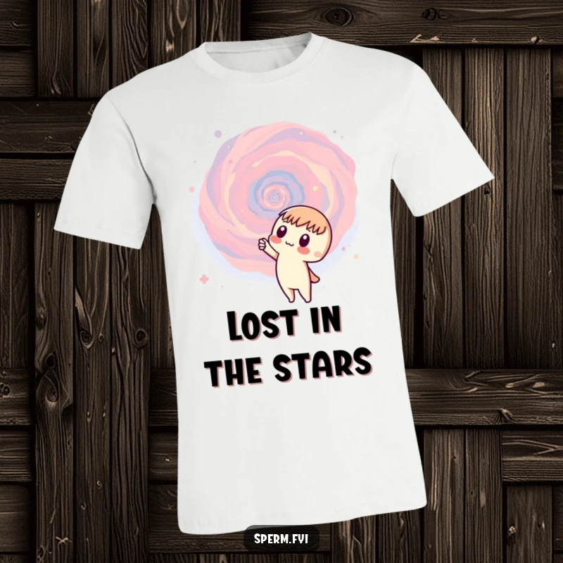 Funny t-shirt featuring a curious character pointing at a vibrant, swirling galaxy, inspiring cosmic exploration.