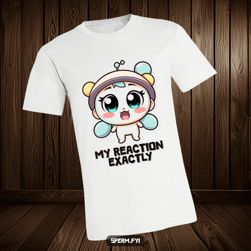 Funny t-shirt design of a surprised molecule character with wide eyes, perfect for expressing shock.